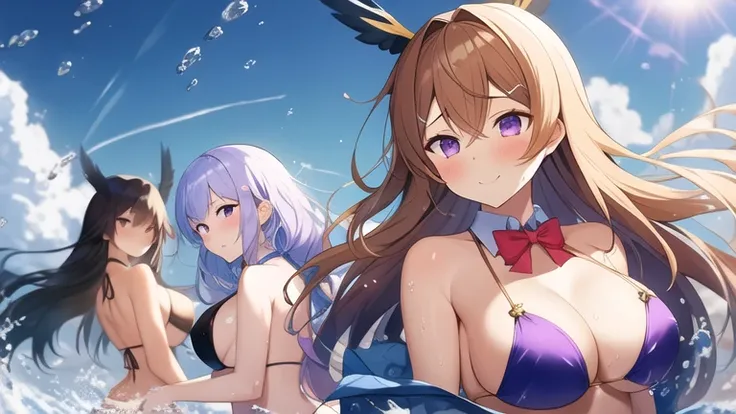 Gorgeous light and shadow, Backlight, 3 Girls,Valkyrie， Blunt side bangs, Hair between the eyes, Purple Eyes, Delicate face, ribbon, Red and gold dress, bow tie, Buttons, Bare shoulders, Bikini, (Large Breasts), ((微wind)), Splashing splashes, wind, Flowing...