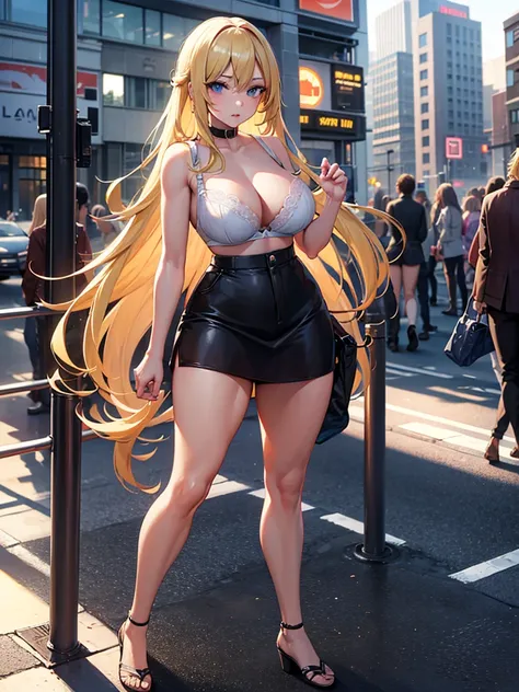 Young woman with long blonde hair, beautiful figure, beautiful face, beautiful breasts, wears a bra and panties, walks in the middle of the city.