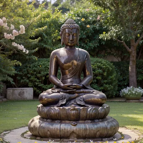 ((best quality)), ((masterpiece)), (detailed),inspirational, A serene Buddha statue in a peaceful garden, with flowers blooming around it