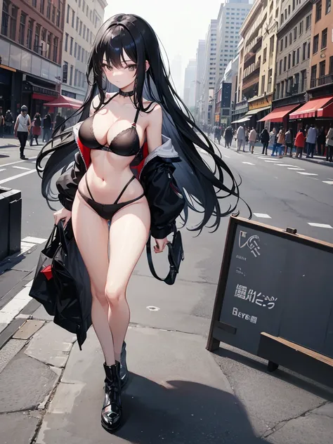 A girl with long black hair, a beautiful figure, a beautiful face, and large breasts wears a bra and panties, walking around the city in the middle of people.