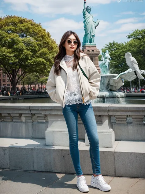 beautiful Indonesian women. long black and brown hair. wearing a white levis jacket with white lace, wearing jeans, wearing shoes. wearing sunglasses, background of the Statue of Liberty in ((New York)). random facing, HD quality. Original photo. 18k