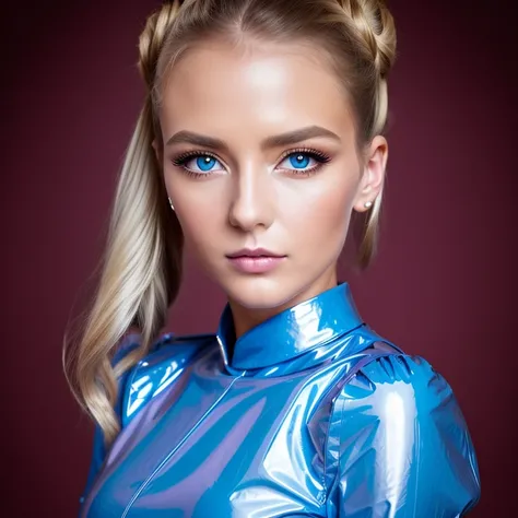 ((best quality)), ((Meisterwerk)), (Detailliert), Perfektes Gesicht,4 Gorgeous young twin girls,blondes Haar,Space Buns,rosa Latexbluse, Latex blouse buttoned up, Latex Bluse detailliert,shiny light blue latex skirt,shiny pink latex stockings,Red Shiny Lac...