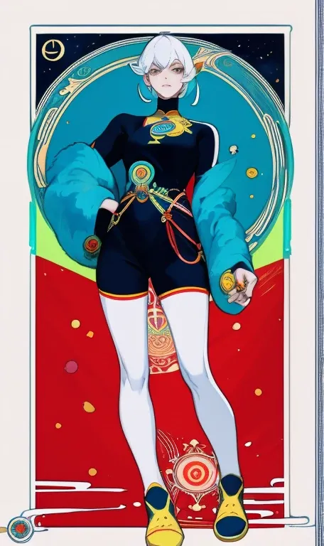 girl, , chased by demon, tarot card, masterpiece, best quality, 4k, tarot card art, line art, clean line art, space-themed coloring mandala, colorful, simple and clean line art, adorned in Art Nouveau style, Genshin,