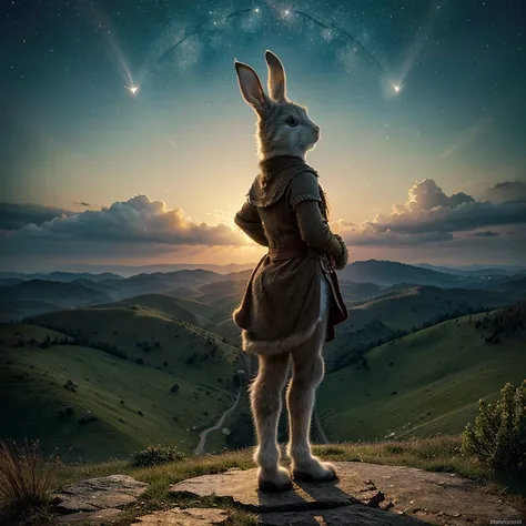 (best quality)), ((masterpiece)), (detailed),inspirational, fantasy storybook, whimsical, A rabbit standing on a hilltop gazing at a star-filled sky