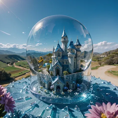 (best quality)), ((masterpiece)), (detailed),inspirational, fantasy storybook, whimsical, A dreamy glass landscape with rolling hills of crystal and jewels, blooming flowers made out of diamonds, and a bright blue sky.