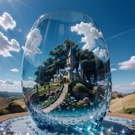 (best quality)), ((masterpiece)), (detailed),inspirational, fantasy storybook, whimsical, A dreamy glass landscape with rolling hills of crystal and jewels, blooming flowers made out of diamonds, and a bright blue sky.