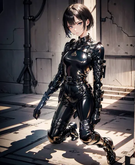 Best Quality，T Masterpiece，Ultimate resolution，１８Old female fighter，Slender、Very slim、Small face、cute、（Kneeling pose），Black Super Short Hair，Shiny patent leather tight black combat uniform，Tight Suit，gloves、Steel City Background，night