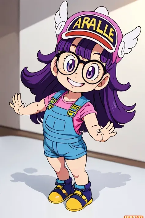 norimaki arale, purple hair, round lens, sexy body, low length，very flat chest，small ass，thin thighs，full body image, perfect fa...