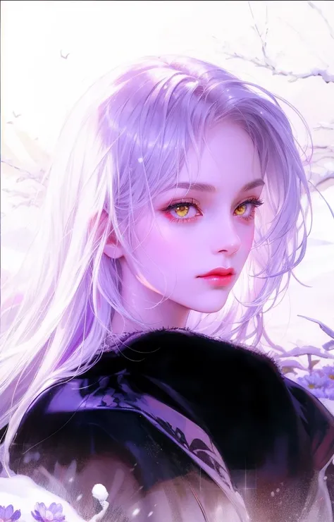 1woman, long hair, platinum blonde hair, yellow eyes, sharp and big eyes, skin white as snow, small face, full lips, unreal beautiful, ethereal,  flower field, soft face, majestic, princess, sunset.