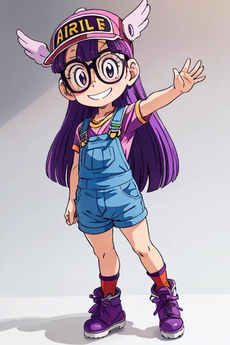 norimaki arale, purple hair, round lens, sexy body, low length，very flat chest，small ass，thin thighs，full body image, perfect fa...