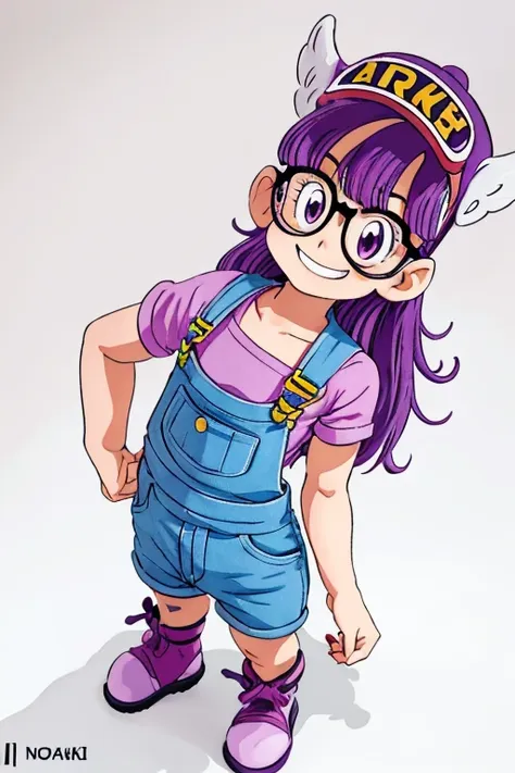 norimaki arale, purple hair, round lens, sexy body, low length，very flat chest，small ass，thin thighs，full body image, perfect fa...