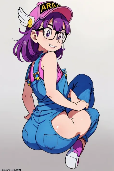 Norimaki Arale, Purple Hair, Round Lens, Sexy Body, low length，Very flat chest，Small Ass，Thin thighs，Full body image, Perfect Face, Big eyes, Perfect Eyes, Have, Tight clothing, Denim overalls，Perfect hands, Better lighting，Wing Hat, Wing Cover, With a smi...