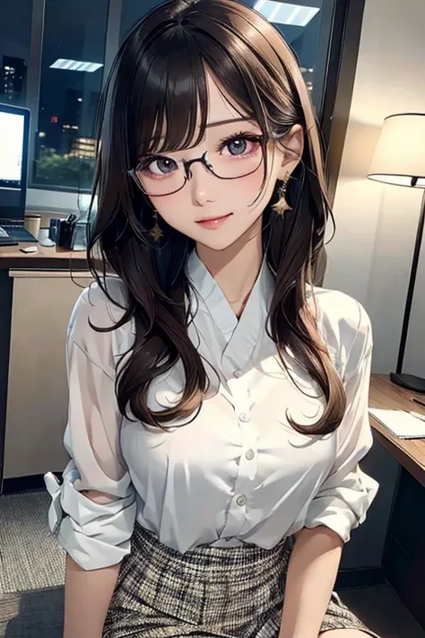 (Masterpiece: 1.3), (Best Quality: 1.2), (4K, Highres: 1.2), Realistic, Detailed Japanese Girl, Sitting Elegantly, in a Beautiful Office Attire, with a Mesmerizing Live Performance, Adorned with Stylish Glasses and a Flowing Skirt, Surrounded by Vibrant St...