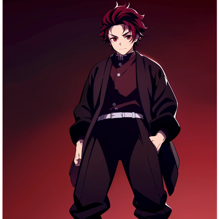 1boy, young, tall, lean, muscular, black to maroon hair, dark red eyes, black shirt, baggy black pants, sandals, baggy white jacket, hands in pockets, relaxed, happy, standing, illustrations, best quality, 4k, highres, realistic, portraits, vivid colors, w...