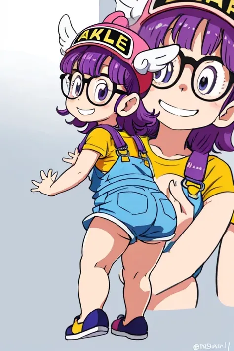 Norimaki Arale, Purple Hair, Round Lens, Sexy Body, low length，small_body, little_girl, little_child, midget, Very flat chest，Small Ass，Thin thighs，Full body image, Perfect Face, Big eyes, Perfect Eyes, Have, Tight clothing, Denim overalls，Perfect hands, B...