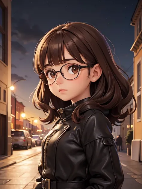 illustration, masterpiece, Location: night St. Petersburg; 1 Girl, One, short lady, Beautiful round face, Brown hair, dirty hair, medium length shaggy slightly wavy hair, Dark brown eyes, beautiful eyes, glasses with lenses, Aesthetically pleasing , beauti...