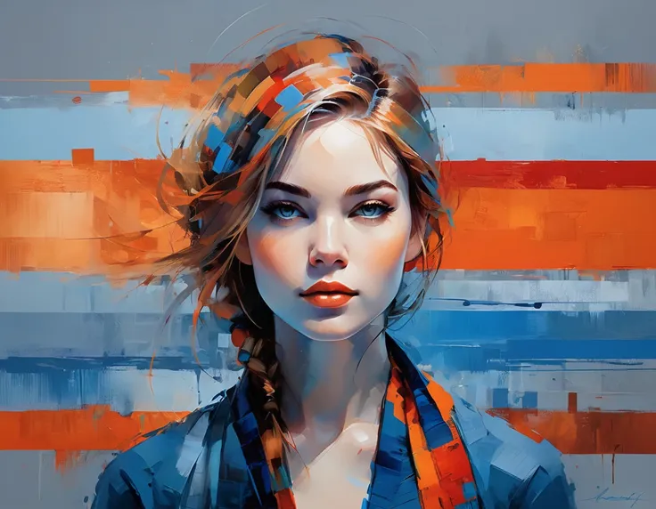 create a serene profile portrait with the subject facing left. use a vibrant color palette of blues, reds, and oranges. the back...