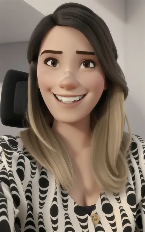 Jovem mulher com cabelo castanho e sorriso reluzente modelo Disney Pixar