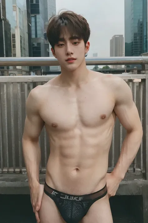 full body, boy, 25 y.o, handsome, semi-caucasian face, handsome, strong, comma hair, topless, jockstrap or thong, summer, in city, stand