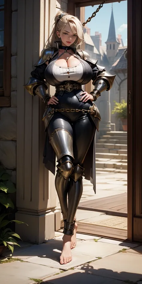 full body, barefoot, solo, female, big breast ,linen tunic, fantasy village, armor, handcuffs on their hands with a collar around the neck, hands on hips, slave ((black choker, shackles on legs and arms))