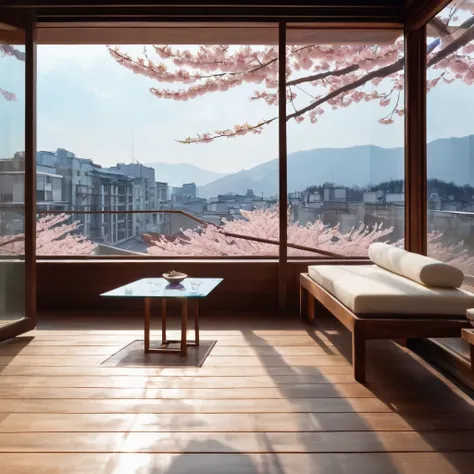 Bob cut, terrace, glass building, sakura flowers, cinematographic lighting.