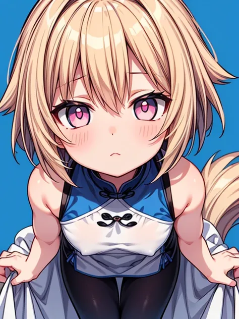 Wuxia,{{{BOY}}}, otokonoko, adorable face, shota, male, white skin, pink eyes, thicc thighs, short beautiful blonde hair,wearing a very long white chinese dress with blue pattern, black leggings, close up,blue background