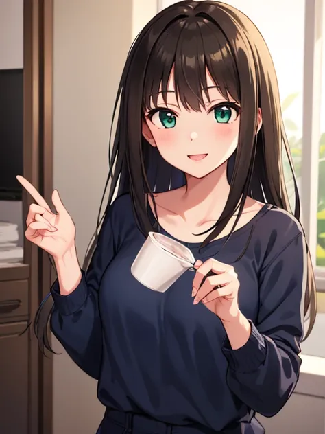 Rin Shibuya、1 girl, Mature Woman, Green Eyes、Long black hair、Casual clothing、Blue sweater、Long trousers、Smiling Kindly、bow, highest quality, hire, Detailed face, Coastal、 Home bedroom、 Detailed Background, Written boundary depth, Bokeh