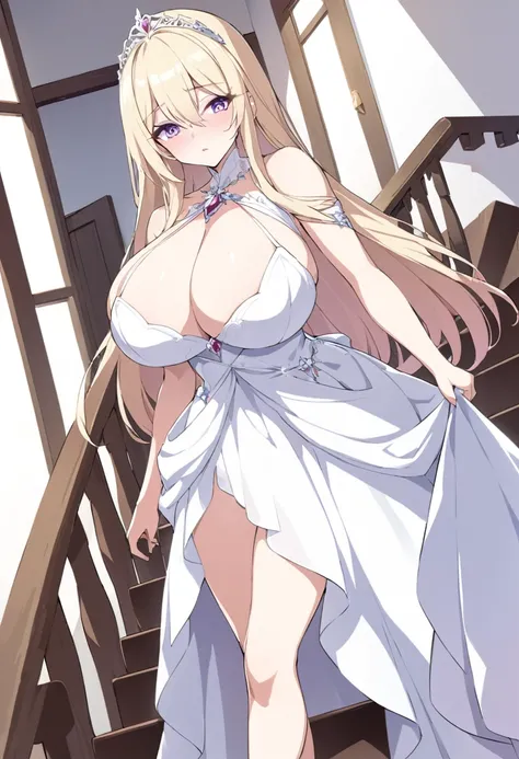 Cristalina, 20 years old, long light blonde hair, lilac eyes, huge breasts, wearing a white princess dress with crystals, walking down the stairs elegantly to go to lunch during the day..hentai