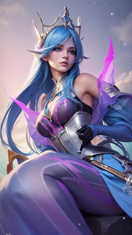 a woman in a blue outfit holding a sword and a sword, ashe, queen of ice and storm, ice sorceress, freezing blue skin, irelia, jaina proudmoore, extremely detailed artgerm, ig model | artgerm, seraphine ahri kda, mobile legends, crystalline skin, ice mage,...