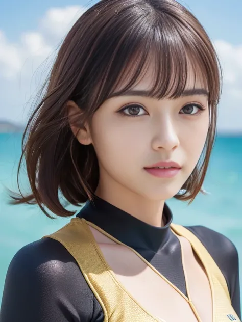 (highest quality, 8k, 32k, masterpiece, Ultra-high resolution: 1.3), Attractive Japanese women photos, One Girl, Perfect body, Highly detailed face, Detailed lips, Fine Eyes, double eyelid, (rash guard swimsuit), (Wetsuits), Light brown hair, Asymmetrical ...