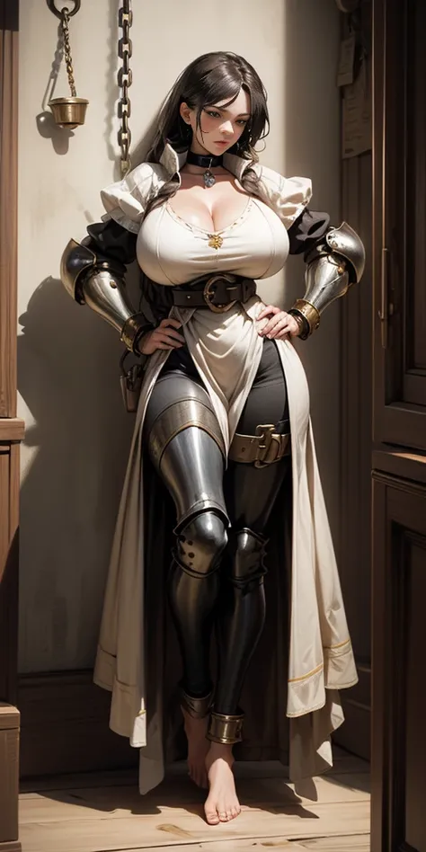 full body, barefoot, solo, female, big breast ,linen tunic, fantasy village, armor, handcuffs on their hands with a collar around the neck, hands on hips, slave ((black choker, shackles on legs and arms))