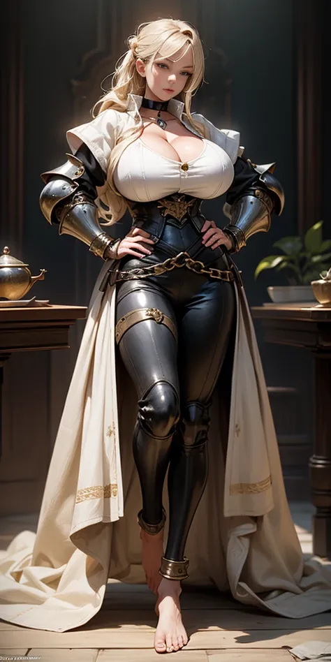 full body, barefoot, solo, female, big breast ,linen tunic, fantasy village, armor, handcuffs on their hands with a collar around the neck, hands on hips, slave ((black choker, shackles on legs and arms))