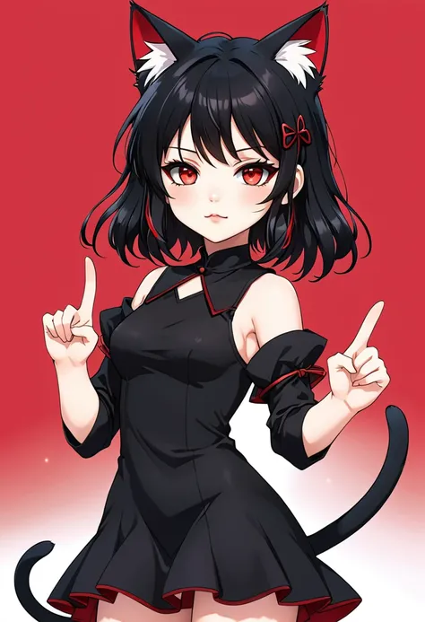 cat girl, chibi, in a black dress, black hair, red eyes, Rendering, Anime background art, pixiv contest winnerAnime girl with cat ears cute!! chibi!!! cat girl, милый anime cat girl, with index finger, Nekomimi, anime cat girl!, cat girl, furry фураффиннос...