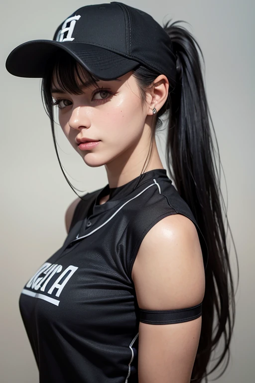 long hair, black hair, bangs, ponytail, beautiful, beautiful woman, perfect body, perfect breasts, huge breasts, nipples visible, wearing black softball uniform, wearing a black softball hat, on the softball field, holding a softball, looking at viewer, sl...