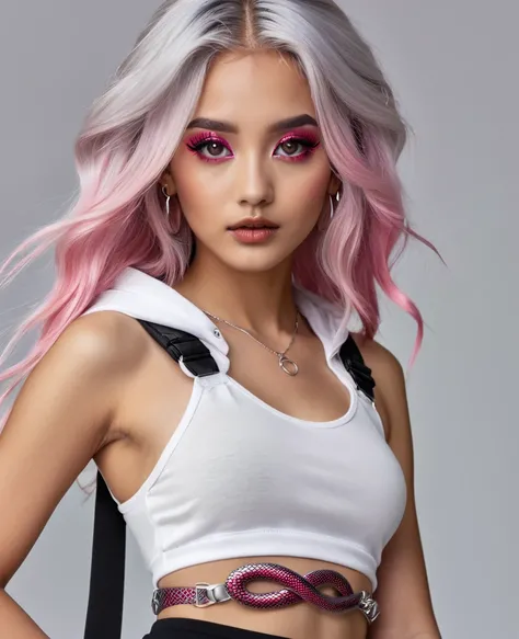 A girl with  long grey and Pink mixed  hair with dots of vermillon snakes asscesories. Burgundy eyes. wearing a white criss-ross tank top. An oval cut-out is also in the centre of the top. Attached to the top is straps and buckled. White pleated skirt. The...