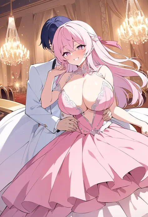 Rosa, 18 years old, long light pink hair, pink eyes, big breasts, wearing her pink gala dress with her winged engagement ring from her fiancé, the prince, with a kind smile in the royal ballroom at night..hentai