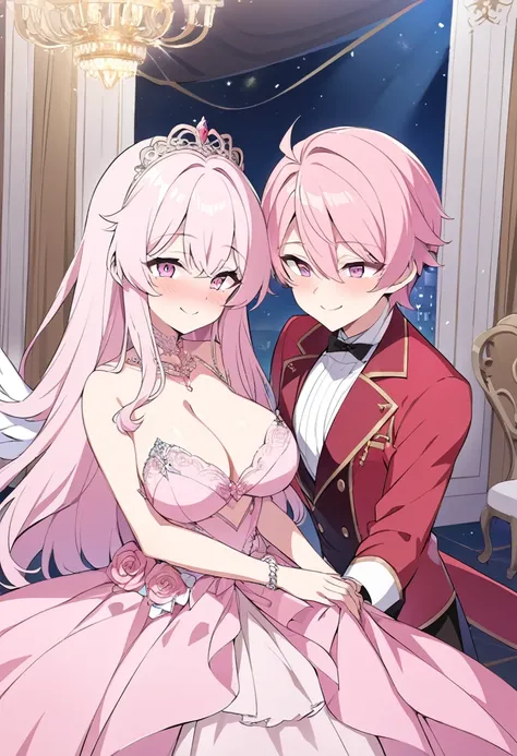 Rosa, 18 years old, long light pink hair, pink eyes, big breasts, wearing her pink gala dress with her winged engagement ring from her fiancé, the prince, with a kind smile in the royal ballroom at night..hentai