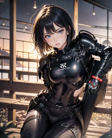 (best quality,4k,8k,highres,masterpiece:1.2),ultra-detailed,(realistic,photorealistic,photo-realistic:1.37), Japanese female fighter with slim physique and small face, cute, 1 girl, 18 years old, kneeling pose, black super short hair, glossy black tight co...