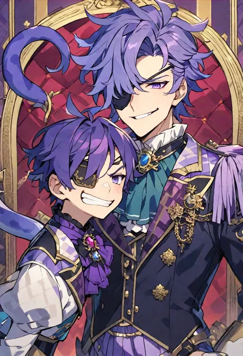 Male, purple hair with pontytail, an eyepatch over left eye, fancy clothing, smug looking, royalty background