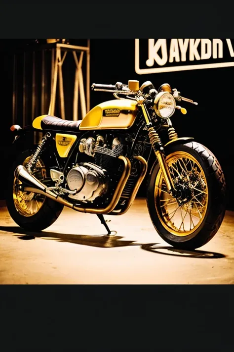 Cafe racer style motorcycle in gold colors with a mechanic workshop background 