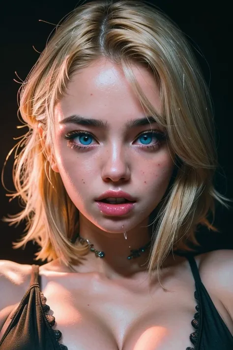 (ultra realistic),Photo, high quality, Analog Photography Ahegao , (low lighting), (neon atmosphere) light background ,portrait of a women, Ahegao, blonde hair, detailed eyes, ((drools)) deep cleavage curvy body 30 yr old women