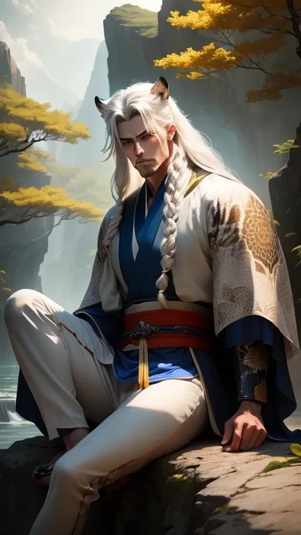 Tall, handsome, strong man with long silver hair with blue tufts, wearing a samurai kimono in albino tiger patterns, with a katana tied at his waist, sitting at the edge of a cliff in front of a forest, along with a huge albino tiger covered in palladium a...