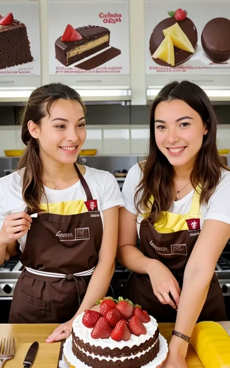 In a kitchen, a Swiss chocolate school, students learn from chocolate posters, They smile, apasionados por la cocina, creativos platos con chocolate, Delicious chocolate-covered cakes and strawberry and pineapple desserts adorn the image.