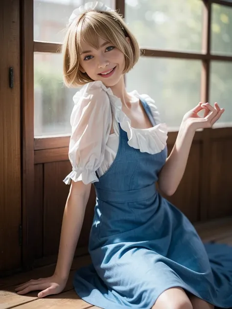 8K,Masterpiece,One woman,Smile,30 years old,blue eyes,Blonde Hair,Short Bob Hair,(Maid Dress),Ella Freya, a beautiful Dutch YouTuber（Ella Freya),