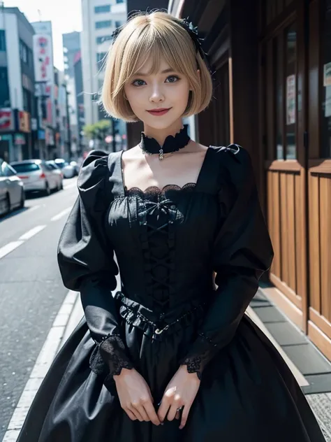 8K,Masterpiece,One woman,Smile,30 years old,blue eyes,Blonde Hair,Short Bob Hair,(Gothic Lolita Costumes),Ella Freya, a beautiful Dutch YouTuber（Ella Freya),Tokyo　The city of Akihabara