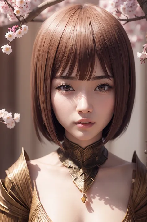 beautiful japanese young woman, wearing spiderwoman armor made of papyrus, thick symmetrical features, very short hair, background is cherry blossoms, pink aura, red lips, octane render,