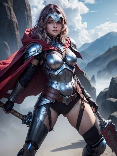 WARRIOR FEMALE (blue sky) (field) (chain_mail) (realistic_shadows) ((full_armor)) (red cape) (silhouette), ((gothic knight)) (facing_forward) (hammer)((front facing)), (visor), (ornate helmet), (dynamic_pose) (glowing_silver) (ornate silver armor), (silver...