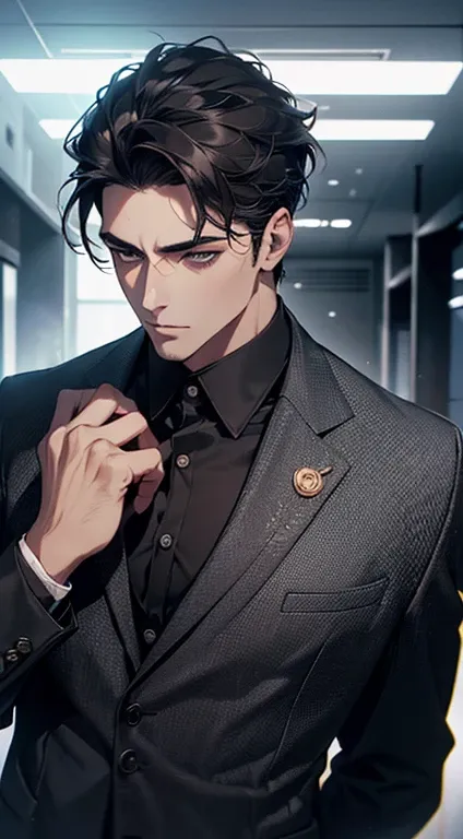 (best quality, masterpiece, 8K, photorealistic, cinematic lighting, 1:4 hdr image, top view, ultra detailed, beautiful image), a mature man, very handsome, short black hair, black eyes, perfect face without errors , ((buttoning his jacket, CEO))