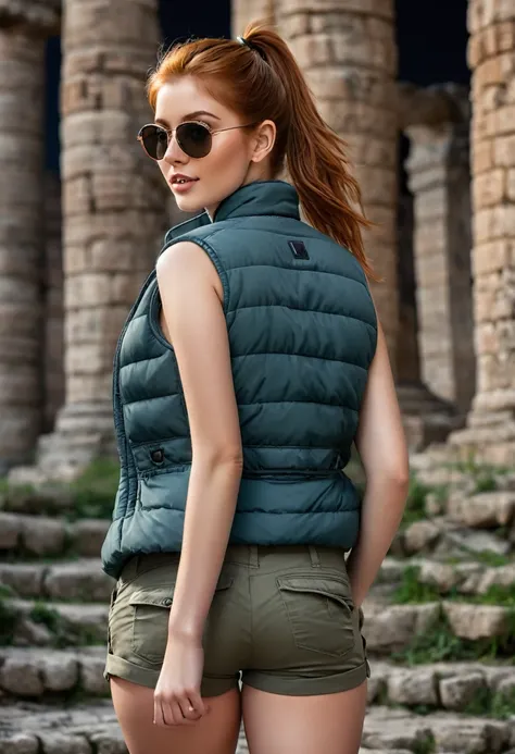 hyperrealistic beautiful busty 18-year-old women wearing henley shirt with puffer vest and cargo-shorts, sunglasses, model shooting full body photography, view from behind, natural redhead short straight ponytail, dark eye makeup with eyeliner, seductive s...