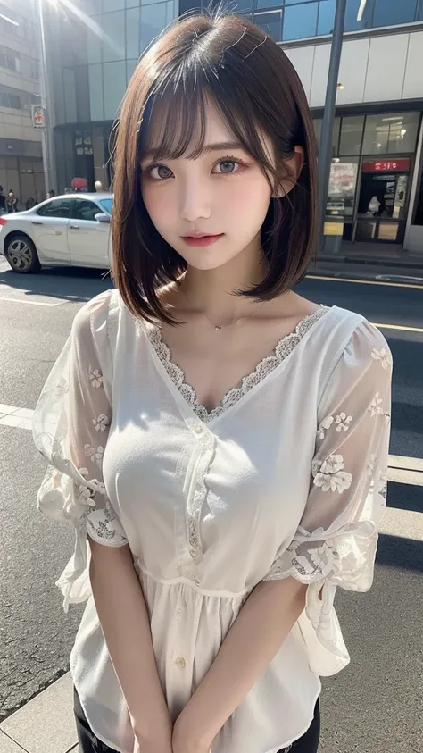 In detail, High resolution, high quality、Perfect dynamic composition, Beautiful details, Medium Hair、beauty、Natural color lip,blue sky、noon、Shibuya Scramble Crossing、20-year-old girl、1 person、Beautiful Skin、Shiny Hair、 最high quality, shape, Very detailed, ...